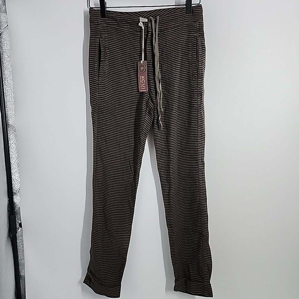 NEW XCVI Size XS Green Black Striped Drawstring Linen Rayon Pants Womens